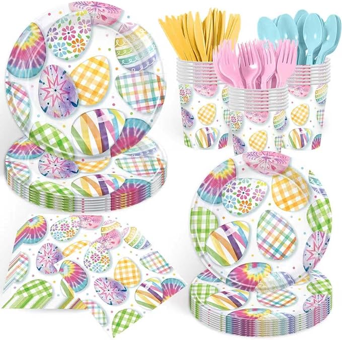 168PCS Easter Party Supplies Watercolor Easter Eggs Party Decorations Colorful Tie-dye Paper Plates Napkins Cups and Forks for Spring Celebration Easter Day Egg Hunt Holiday Brunch Serves 24