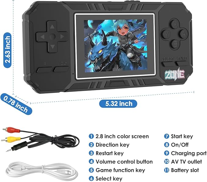 JKV Handheld Game Consoles - 520 Retro Classic Video Games, 1020mAh Rechargeable Battery 2.8" HD Screen, Portable Travel Games Mini Arcade Pocket Player, Support TV, Present for Kids & Adults (Black)