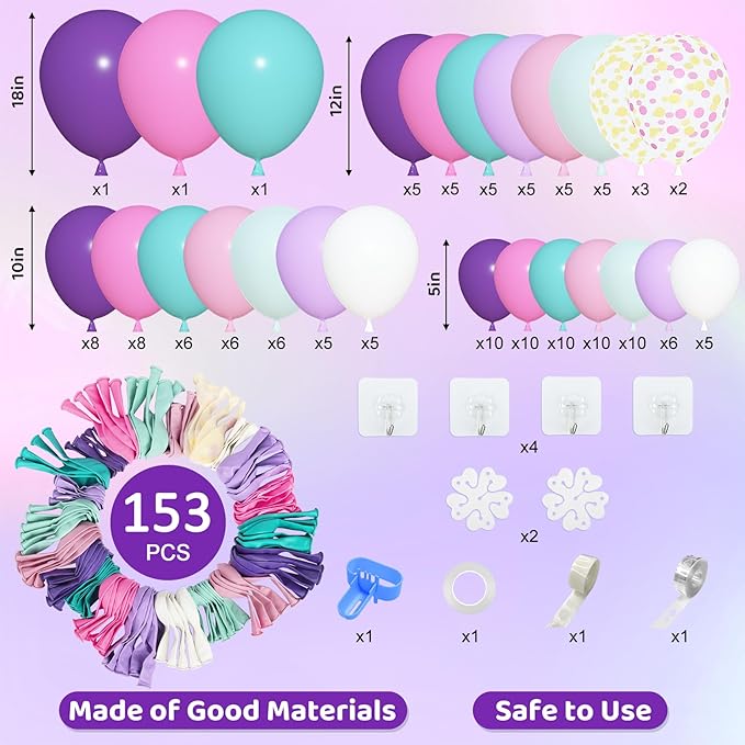 Amandir 153 Pcs Pink Purple Balloons Arch Garland Kit, Different Sizes 18 12 10 5 inch Purple Blue Pink Gold Confetti Pastel Balloon for Wedding Shower Princess Birthday Party Decorations Supplies