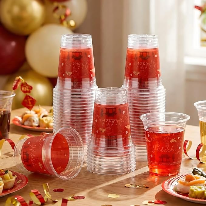 CHENGU 50 Pcs Hibachi Party Supplies Japanese Disposable Cup for Hibachi Japanese Tableware Supplies Decorations New Year Asian Party