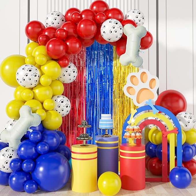Paw Birthday Decorations, including 2Pack Gold Red Blue Tinsel Foil Fringe Curtains 3.3 x 6.6ft, 1Pack Dog Patrol Themed Birthday Banner & 22pcs Balloons for Paw Birthday Party Photo Props Backdrop