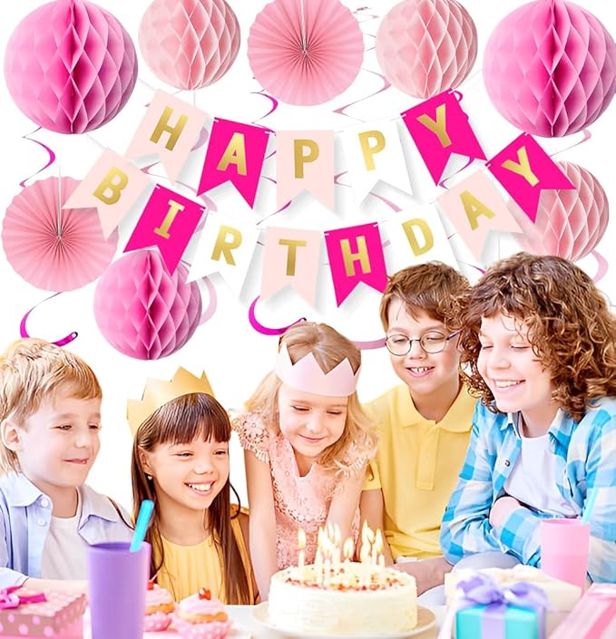 Pink Birthday Decorations Set for Women Girls Happy Birthday Banner Honeycomb Balls Paper Fans Hanging Swirl Streamers Tassels Complete Pink Birthday Party Decor Supplies