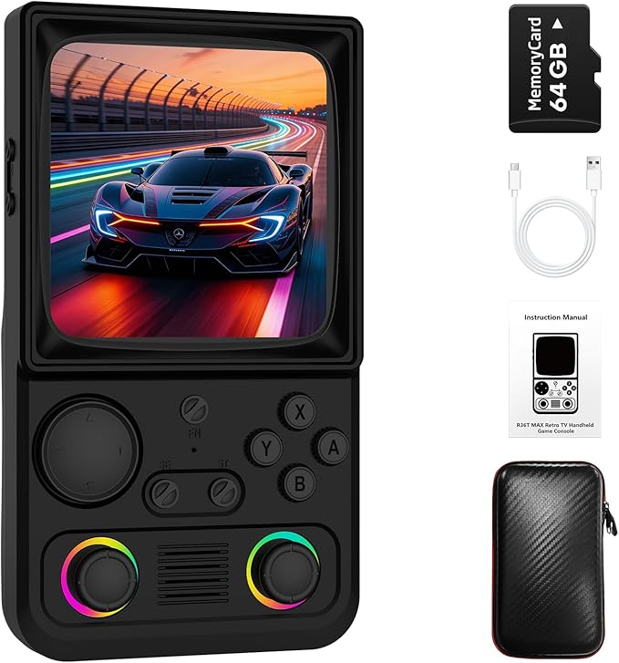 R36TMAX Retro Handheld Game Console, Retro Gaming Console with 4.0 Inch 720x720 IPS Screen, Portable Handheld Linux System, 4000mAh Battery (Classic Black-64GB)