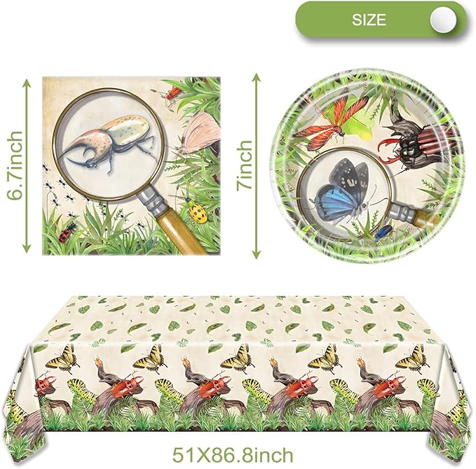 OULUN Bug Party Decorations Tableware, 20 Plates and 20 Napkins and Tablecloth86 '' x 51'' Birthday Party Decorations
