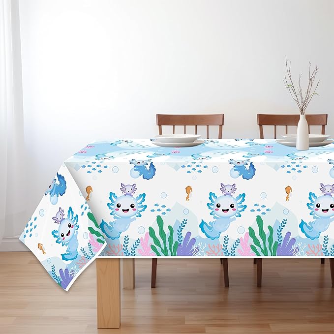 Axolotl Plastic Party Tablecovers - 3-Pack Blue Cartoon Axolotl Table Cover Decorations Disposable Waterproof Rectangle Plastic Tablecloths Rectangle Kids Birthday Baby Shower Camping Events