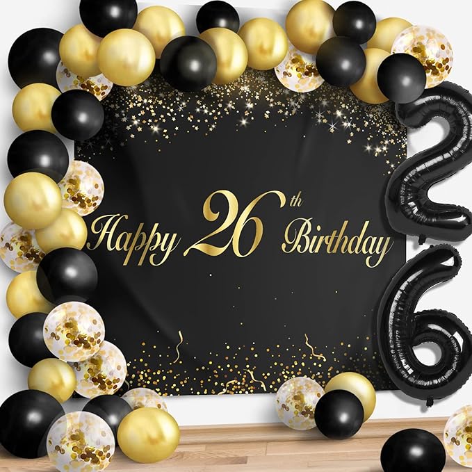 Happy 26th Birthday Balloons Black Set Decor - Cheers to 26 Years Old Party Theme Garland Banner Backdrop Decorations For Women and Men Supplies