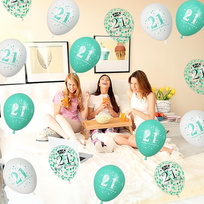 21st Birthday Balloons & Decorations - Teal, White & Turquoise Latex Balloons for Boys & Girls, Confetti, Party Supplies