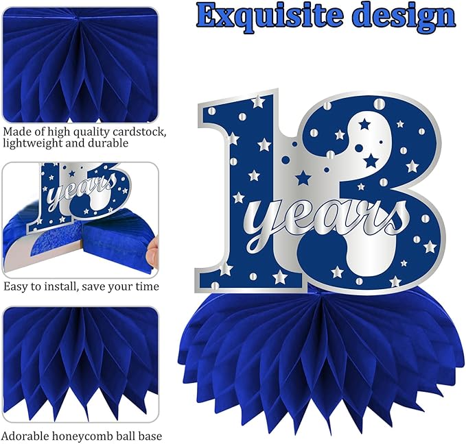 Kauayurk 8Pcs 13th Birthday Decorations Table Centerpiece Party Supplies for Boy, Blue Silver Happy 13 Year Old Birthday Honeycomb Centerpieces Decor, Thirteen Birthday Table Topper
