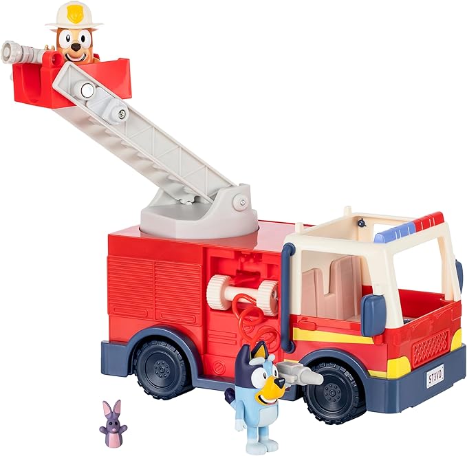Bluey Firetruck Toy Playset with Firefighter Bingo, Bluey & Bob Bilby, Toddler Fire Truck w/ Spinning Ladder, Water Hoses for Kids Ages 3+
