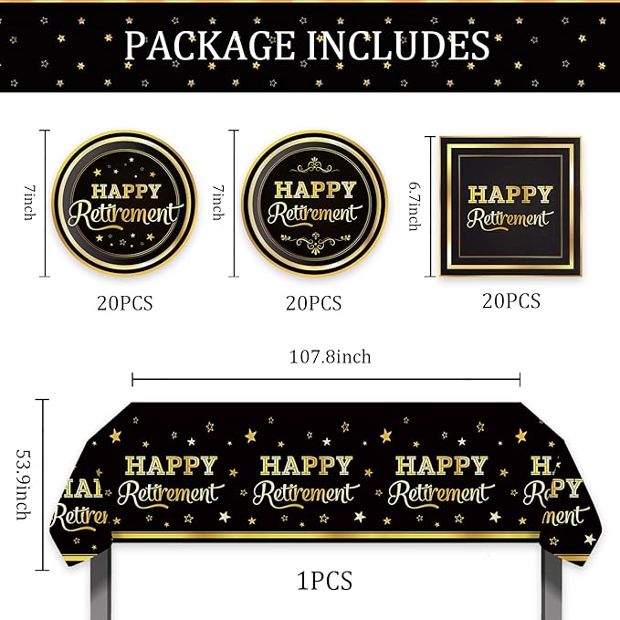 41pcs Retirement Party Supplies ,include 20pcs 7inch Dessert plate, 20 Napkin and 1pcs Tablecloth,Used for Black Gold Retirement Party Decoration