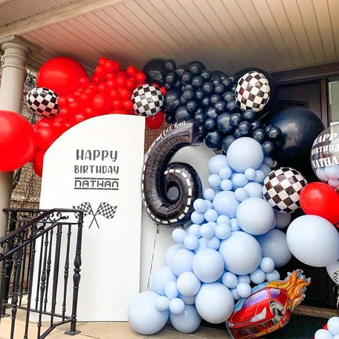 Race Car Balloons Arch Garland Kit 148PCS Red Blue Black Checkered Flag Foil Balloon Racing Car Theme Two Fast 2nd Birthday Party Supplies for Boys