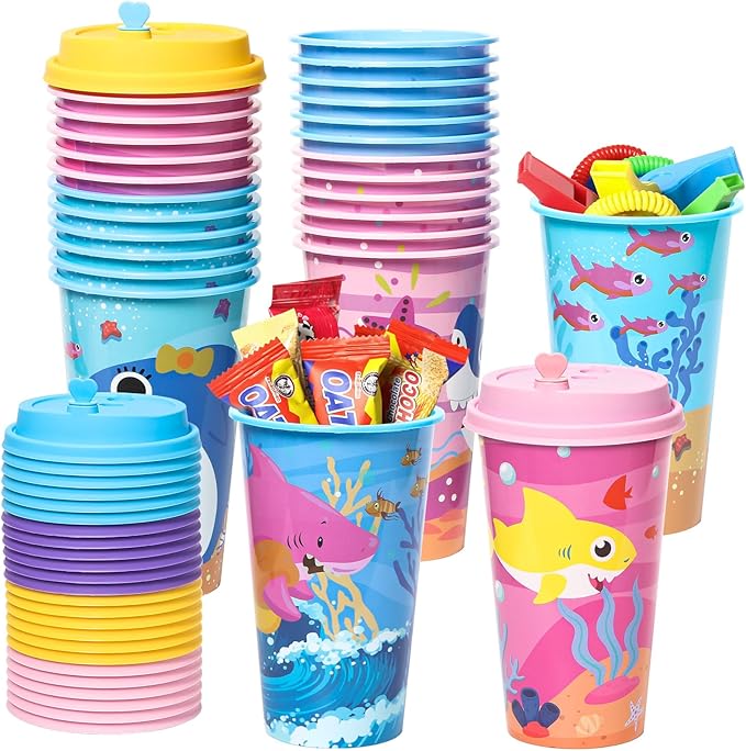 Lidmada Shark Party Favors Goodie Cups with Lids, 24 Pack Birthday Party Cups in 4 Colors, 16OZ Plastic Ocean Shark Themed Reusable Party Supplies Decorations Cups for Baby Kids Christmas Winter Gifts