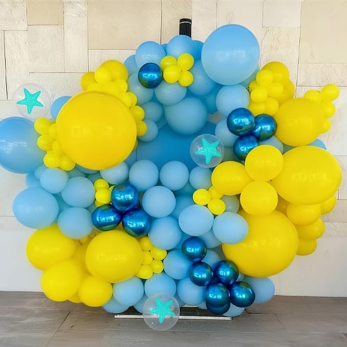 Blue and Yellow Balloons, 50PC 12 Inch Yellow Light Metallic Blue Teal Transparent Starfish Print Balloons for Ocean Themed Birthday Baby Shower Beach Pool Party Decorations