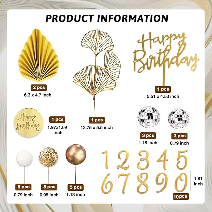 36Pcs White Gold Balls Cake Topper Decorations with Disco Balls Palm Ginkgo Leaves Acrylic Numbers 0-9 and Happy Birthday Cake Toppers for White Gold Theme Wedding Baby Shower Birthday Party Supplies