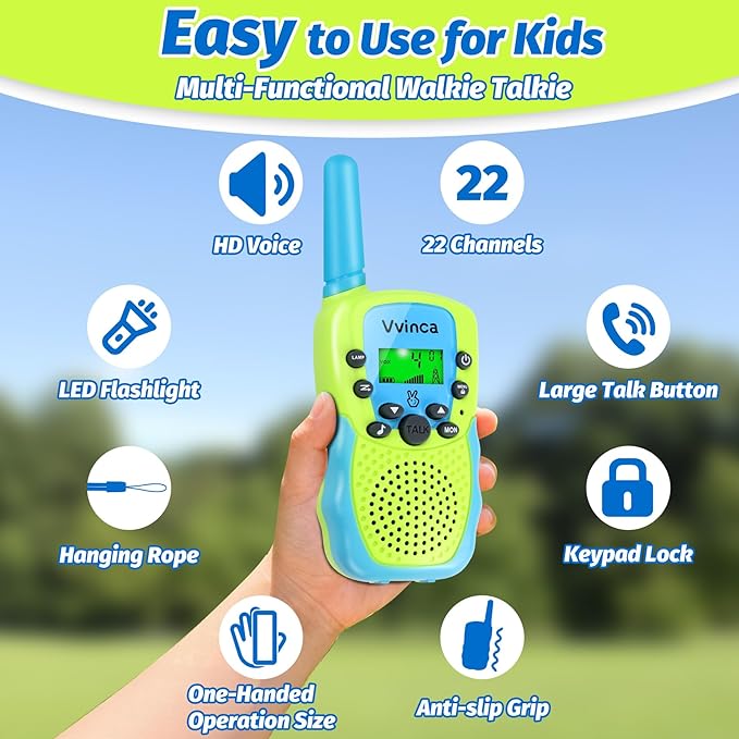 Vvinca Kids Walkie Talkies 4-Pack with 2 Dinosaur Shaped and 2 Rechargeable Long Range Walkie Talkies with Flashlight for Boys Girls Age 3-12 Ultimate Outdoor Adventure Gift Set