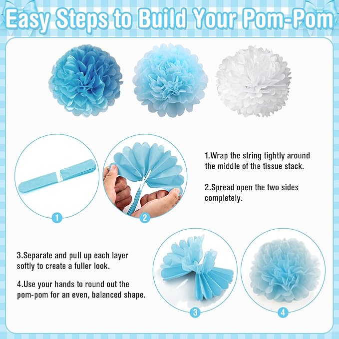 Blue Birthday Decorations, White Sand Happy Birthday Balloon Banner with Bow and Heart Foil Balloons Fringe Curtain Tissue Paper Pompoms Garland Party Supplies for Boys Men Girls Women
