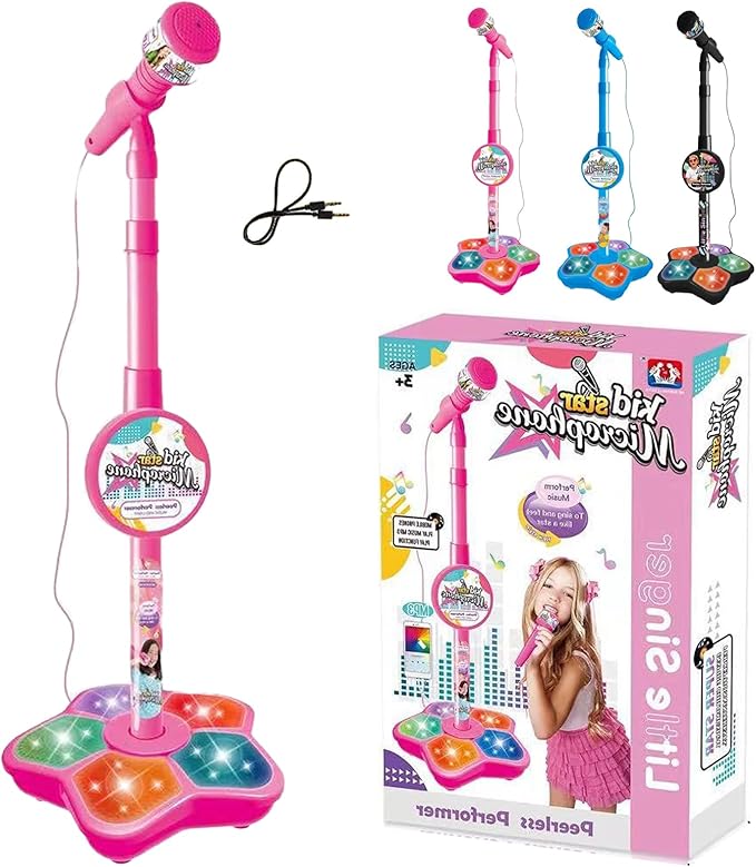 The All-in-One Microphone Toy, Kids Karaoke Microphone with Stand with Colorful Lights, Echo Effects, Adjustable Stand, Fun and Easy-to-Use, Christmas Birthday Gifts for Little Singers (Pink 1Pc)