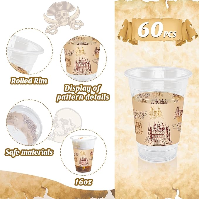 TEASlK 60 Pieces 16oz Magic Wizard Party Cups Disposable Magic Cups Plastic Drinking Cups for Halloween Party Birthday Vintage Castle Party Decoration(Castle)