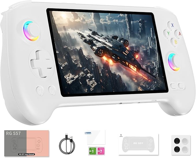 RG557 Retro Handheld Game Console , 5.48 Inch AMOLED Screen Handheld Emulator Android 14 System Dimensity 8300 Processor Support WiFi 6E Bluetooth 5.3(White)