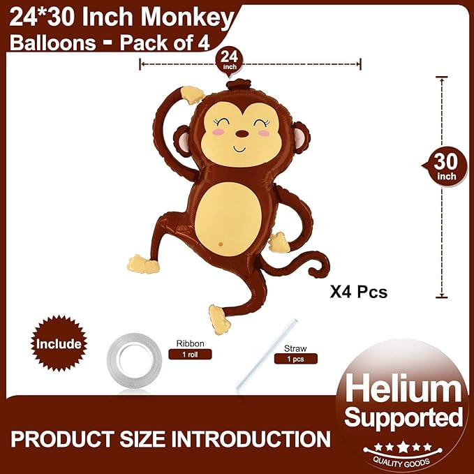 Monkey Balloons 30 Inch Monkey Shaped Balloons for Jungle Safari Themed Kids Birthday Party Decorations Supplies(Pack of 4)