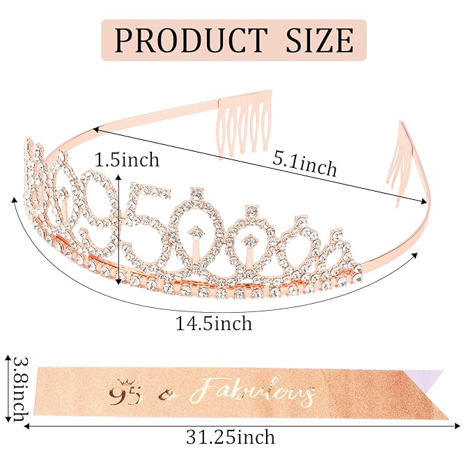 CIEHER 95th Birthday Crown and Sash, 95 & Fabulous Sash, 95th Birthday Decorations for Women - Rose Gold