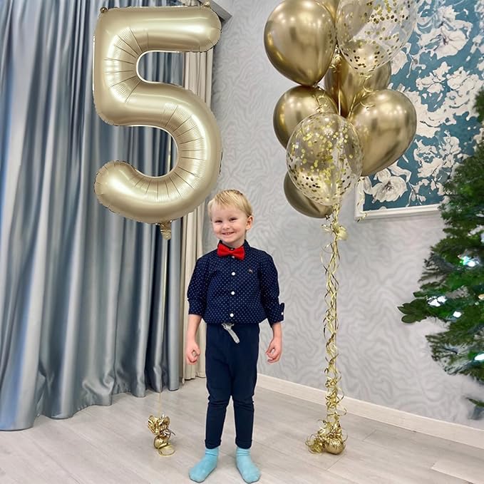 Metallic Gold 5 Balloons, 40 Inch Giant Light Gold Mylar Foil Number 0-9 Helium Balloon for Girls Boys, Self Inflating Champagne 5th Birthday Balloon for Women Anniversary Party Decorations Supplies