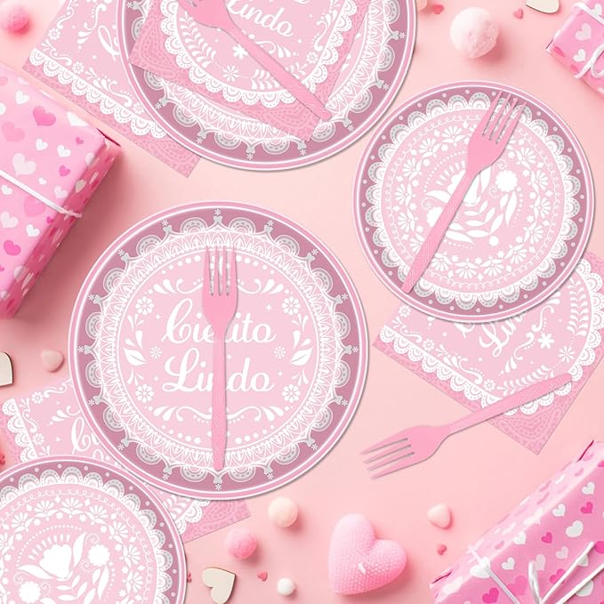 Rakuto Elomy Cielito Lindo Party Decoration Tableware, 96PCS Pink Cielito Lindo Disposable Paper Plates and Napkins Baby Shower Decoration, Mexican Themed Forks Decor Serve 24