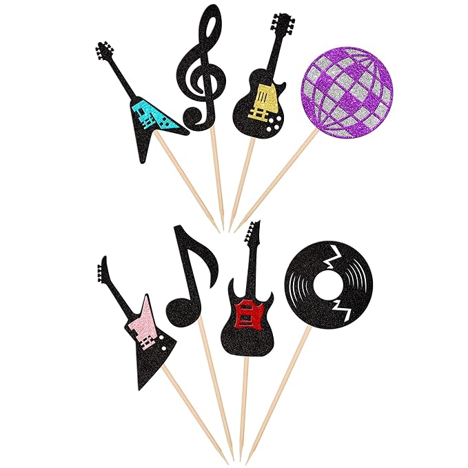 24 PCS Music Notes Cupcake Toppers Glitter Guitar Rock Cupcake Picks Disco Ball Music Cupcake Decorations for Musician Rock and Roll Theme Baby Shower Kids Birthday Party Cake Decorations Supplies