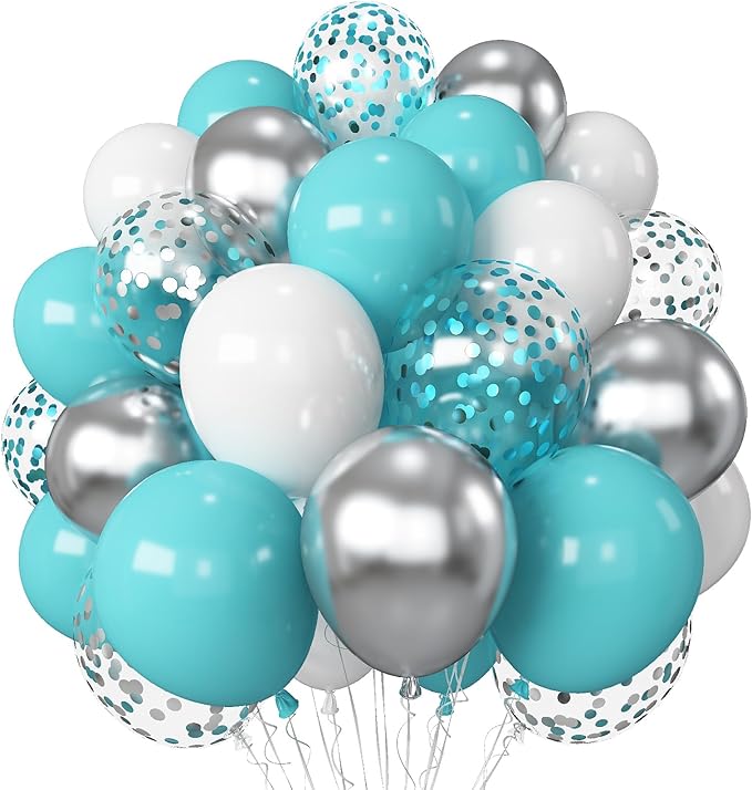 Teal Blue and Silver Balloons, 60 Packs 12Inch Teal and Metallic Silver Balloons, Teal Blue White Silver Confetti Balloon with Ribbons for Wedding Baby Bridal Baby Shower Birthday Party Decoration