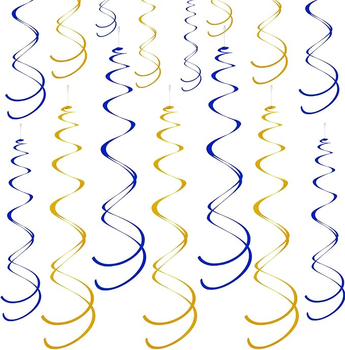 Ceiling Swirl Foil Decorations Hanging Plastic Streamer Themed Swirl Party for Graduation Celebration, Pack of 28 (Blue and Gold)