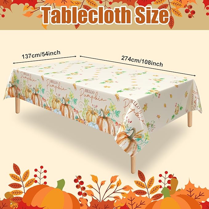 3 Pcs Fall Pumpkin Tablecloths, 54 * 108 Inch Thanksgiving Table Cover, Watercolor Pumpkin Maple Leaf Plastic Tablecloths for Fall Party, Thanksgiving Decorations