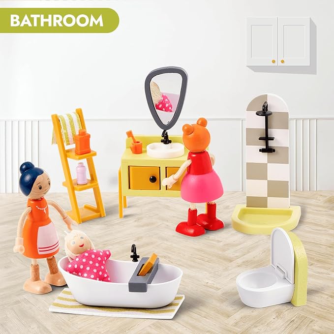 Giant bean 37pcs Green Wooden Plastic Dollhouse Furniture Kitchen and Bathroom Set, Modern Wood Dollhouse Accessories Pretend Play Furniture Christmas Toys for Boys Girls Toddlers & Kids 3+