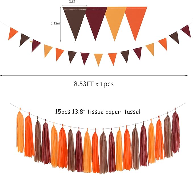 Boho Baby-Shower Burgundy-Brown Orange Party-Decorations - 23pcs Thanksgiving Fall Autumn Tissue Pom Poms Streamers,Neutral Birthday Rustic Wedding Bridal Engagement Tassel Garland Banner Ouruola