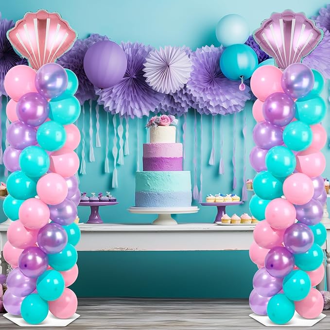 2 Sets Mermaid Party Balloon Column Stand Kit with 102 Balloons Beach Mermaid 5.57ft Adjustable Balloon Tower Stand with Bases Sea Shells Balloons Arch Column for Girl Princess Birthday Party Supplies