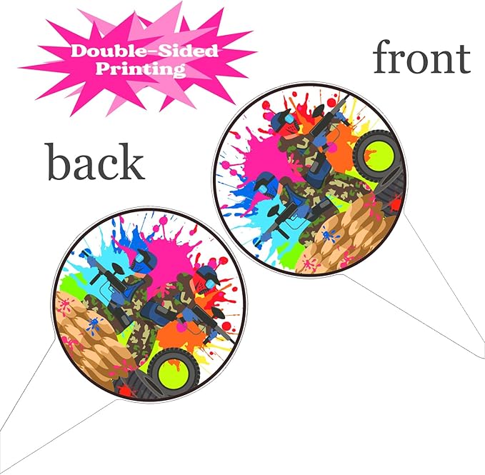 Paintball Cupcake Toppers 48PCS Paintball Birthday Party Decorations Colorful Splash Shooting Game Cake Toppers Paintball Cupcake Decorations for Sport Theme Party Supplies