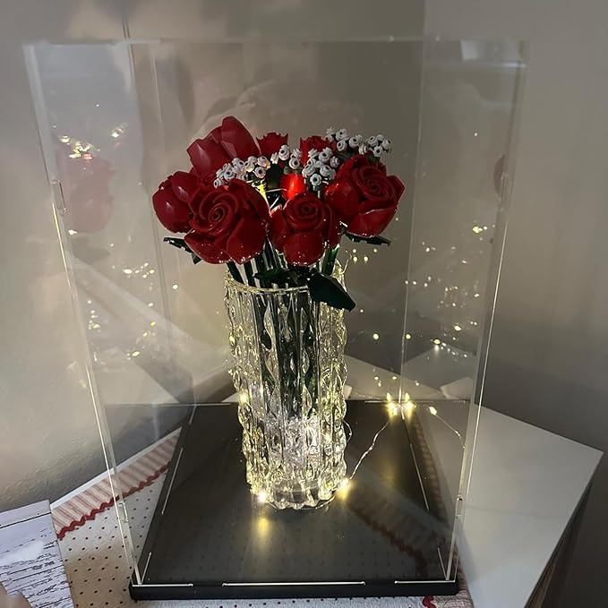 Clear Acrylic Display Case for Labubu Popmart The Monsters Fall in Wild Doll for Space Molly 400% for Lego 43230 21347 75308 31141 Transparent Box for Lego Display with Light, Black 9.8x9.8x15.7 inch