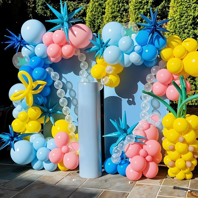 Blue and Yellow Balloons, 50Pcs 12 Inch Macaron Pink Blue Teal Yellow Metallic Green Clear Balloons for Boys Girls Ocean Birthday Beach Party Decorations Sea Baby Shower Supplies