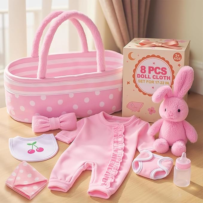 BABESIDE 8 Pcs Baby Doll Accessories, Reborn Baby Dolls Clothes with Bassinet for 17-22 Inch Babydolls, Outfit fit Babies Dolls Girl, Babies Pretend Play Set