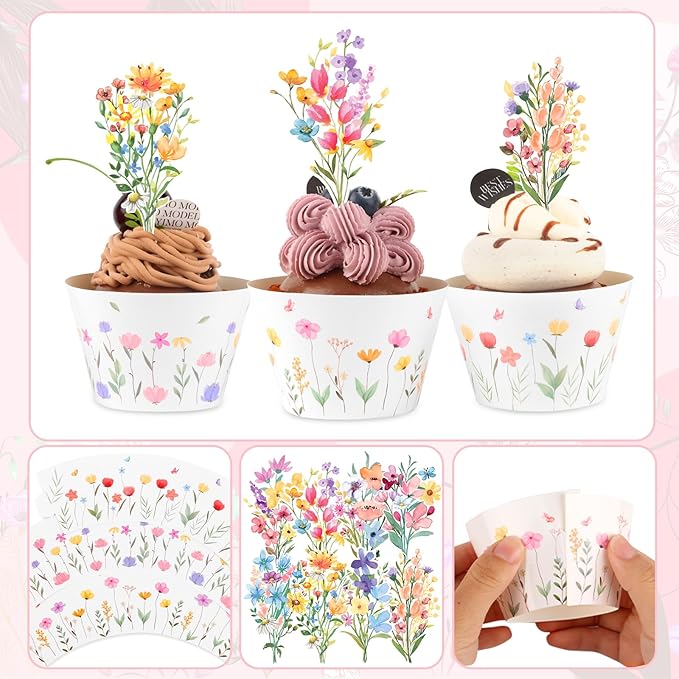 48 Pack Summer Wildflower Cupcake Toppers and Wrappers, Flower Birthday Cake Decoration for Wildflower Theme Birthday Party Baby Shower Party Supplies