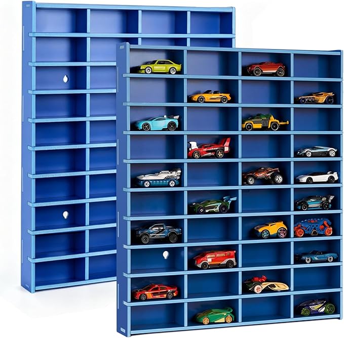 2 Pack Toy Car Display Shelf, Holds 80 Diecast 1/64 Toy Cars, Wall Mount Model Car Storage Organize Case, Blue