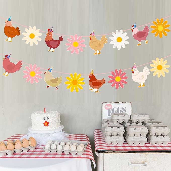 Chicken and Daisy Banners Chicken Birthday Party Decorations 2PCS Chick Hen Boho Flower Cutout Banner Farm Theme Decor for The Chick is One Birthday Party Supplies
