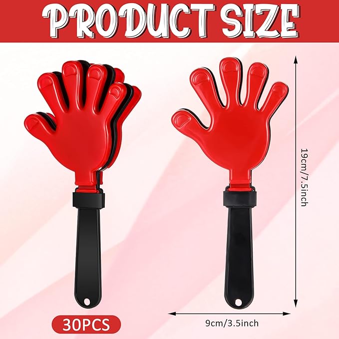 BBTO 30 Pcs Hand Clappers Noisemakers 7.5 Inch Plastic Party Clappers for Fiesta Birthday Party Supplies Carnival Prize Football Sport Accessories Favor(Black, Red)
