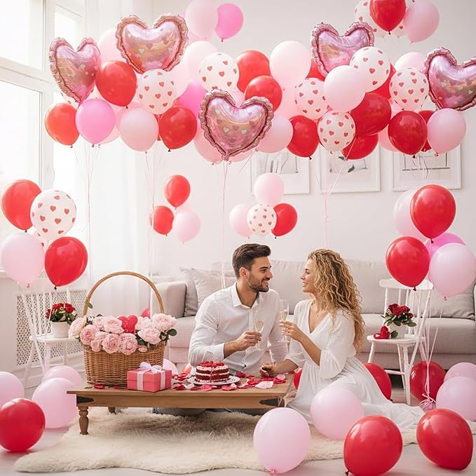 Red and Pink Balloons, Light Pink Red White Heart Print Balloons with Heart Foil Balloon for Engagement Anniversary Wedding Party Supplies Valentines Day Decorations
