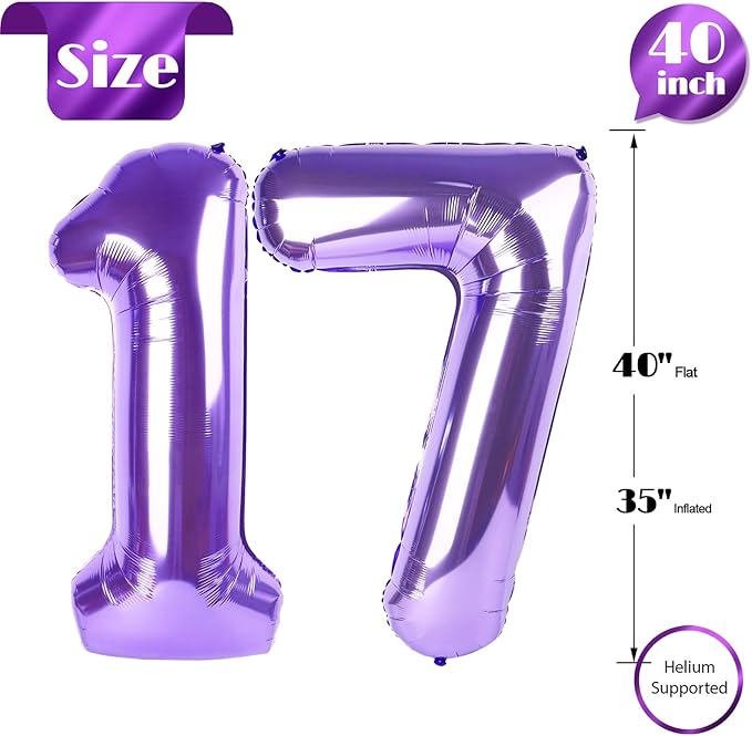 Purple Number 17 Balloon 40 inch, 17 Number Balloons, 17th Purple Birthday Decorations, 17 Year Old Girls Boys Party Supplies
