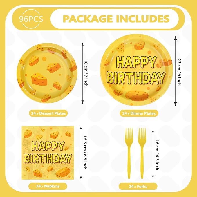 96Pcs Cheese Birthday Party Decorations Pizza Cheese Birthday Plates and Napkins Tableware Set Cartoon Funny Cheesy Party Decorations for Boys Girls Baby Shower Macaroni Party Supplies Serves 24