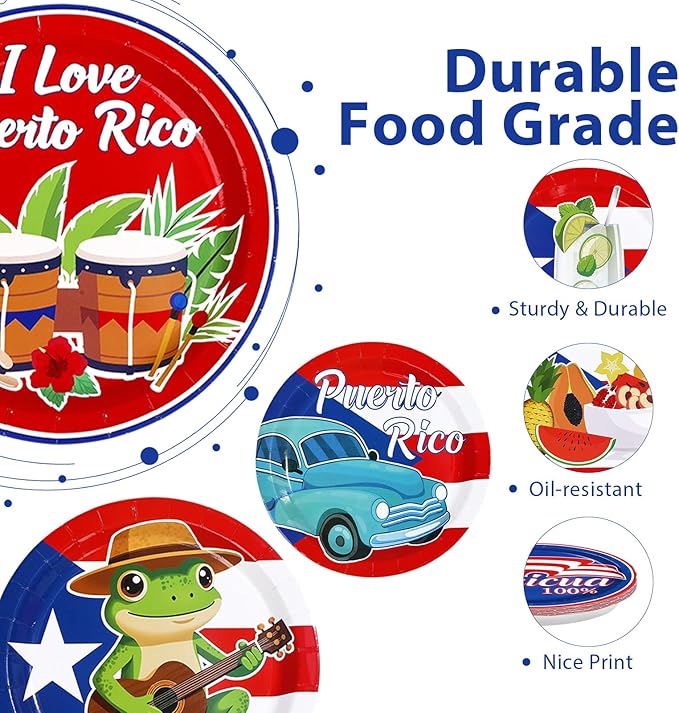 60Pcs Puerto Rico Paper Plates 9" Heavy Duty Disposable Puerto Rican Dessert Plate Coqui Frog Flag Party Decor for Xmas Three Kings Day New Year San Sebastián Street Festival Party Supplies