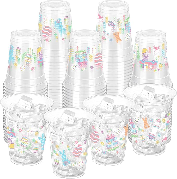100 Pcs Easter Rabbit Plastic Drinking Cups, 12 oz Clear Disposable Party Cups for Easter, Spring, Birthday Parties