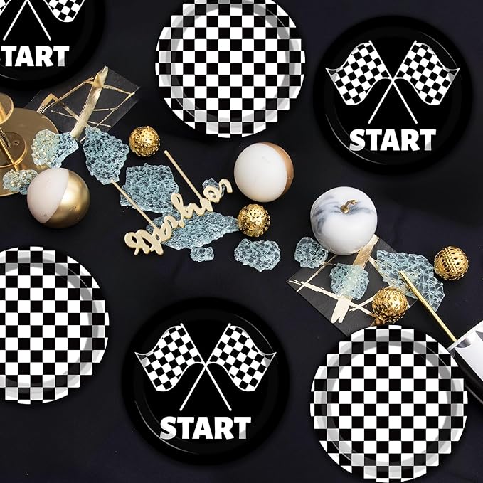 CHUNNIN 50 PCS Black and White Checkered Party Plates for Race Car Themed Party Decoration - 7 Inch Race Car Checkered Birthday Paper Disposable Dessert Plates for Kids Boys and Girls Party Supplies