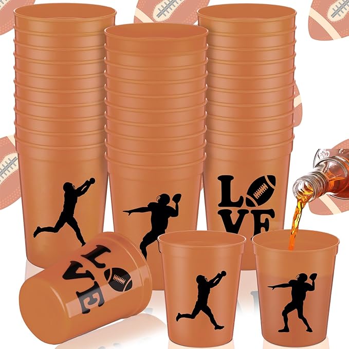 Zhehao 30 Pcs Sport Ball Plastic Cups Hockey Football Basketball Plastic Reusable Drink Cups Bulk 16 oz Stadium Tumbler Stackable Sports Tumbler for Sport Party Supplies(Football,Orange)