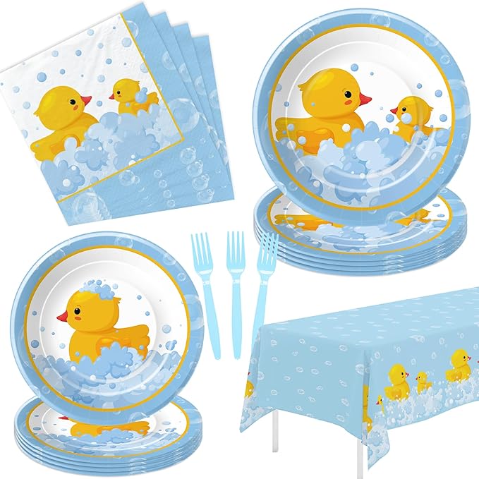 APOWBLS Rubber Duck Decorations Tableware - Bubble Bath Rubber Duck Party Supplies For Baby Shower Birthday, Paper Plate, Napkin, Tablecloth, Disposable Fork | Serves 24